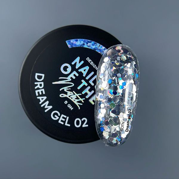 Гель зі сріблястими шестигранниками різного розміру та глітеру Nailsofthenight dream gel 02, 5 г